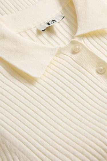 Femmes - Polo à manches longues - slim fit - finition côtelée - blanc crème
