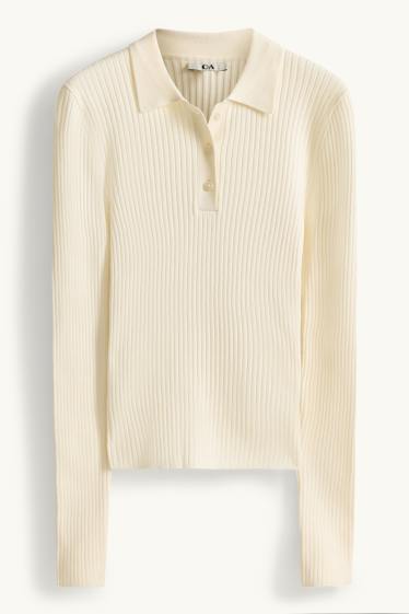Femmes - Polo à manches longues - slim fit - finition côtelée - blanc crème