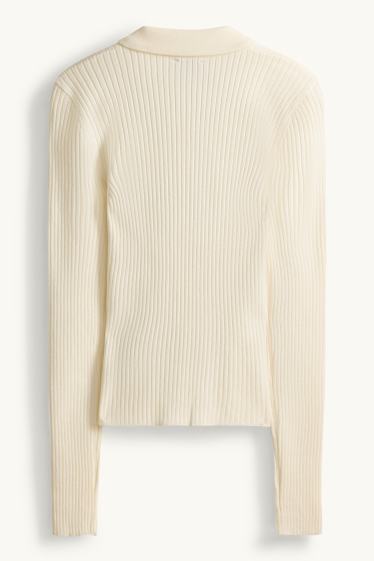 Femmes - Polo à manches longues - slim fit - finition côtelée - blanc crème
