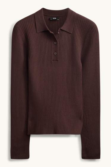 Dames - Poloshirt met lange mouwen - slim fit - ribstof - bruin