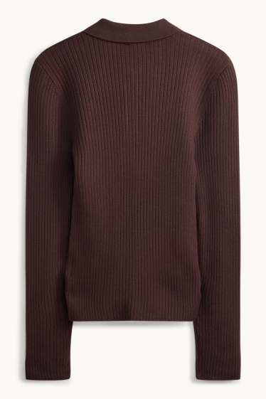Dames - Poloshirt met lange mouwen - slim fit - ribstof - bruin