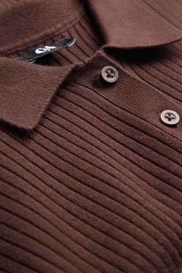 Dames - Poloshirt met lange mouwen - slim fit - ribstof - bruin