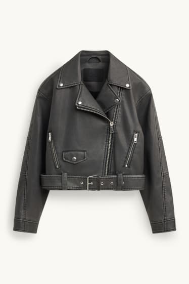 Femmes - Blouson motard avec ceinture - matière synthétique - noir