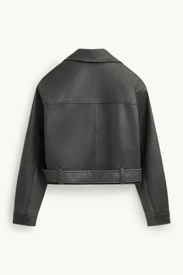 Femmes - Blouson motard avec ceinture - matière synthétique - noir