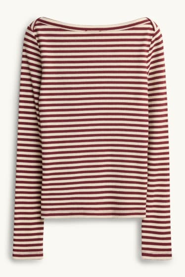 Dames - Longsleeve - regular fit - ribstof - gestreept - beige / bordeaux