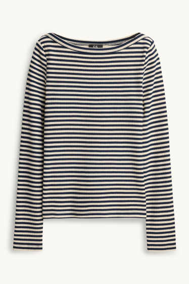 Damen - Langarmshirt - Regular Fit - gerippt - gestreift - dunkelblau / cremeweiss