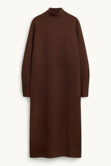 Women - Knitted dress with band collar - straight fit - dark brown