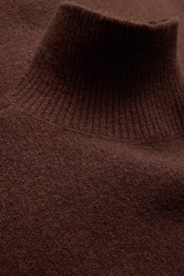 Women - Knitted dress with band collar - straight fit - dark brown