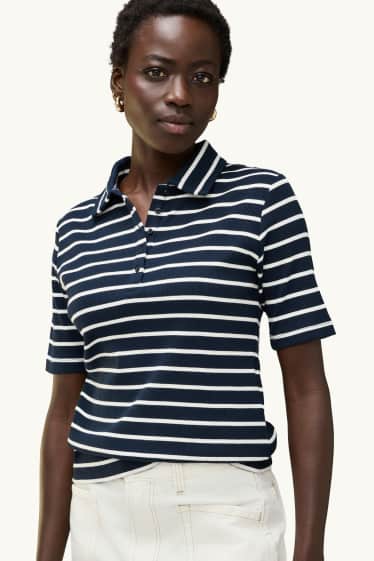 Dames - Poloshirt - regular fit - ribstof - gestreept - donkerblauw / wit