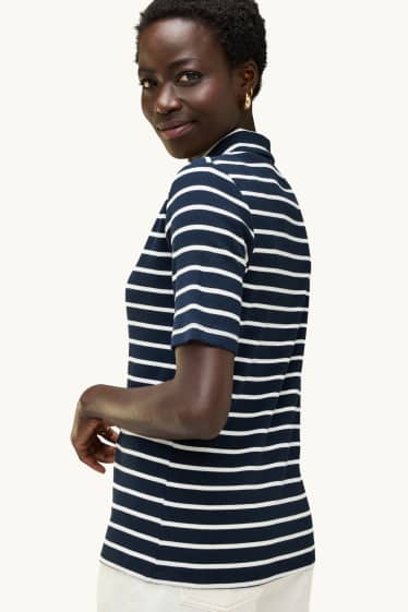 Dames - Poloshirt - regular fit - ribstof - gestreept - donkerblauw / wit