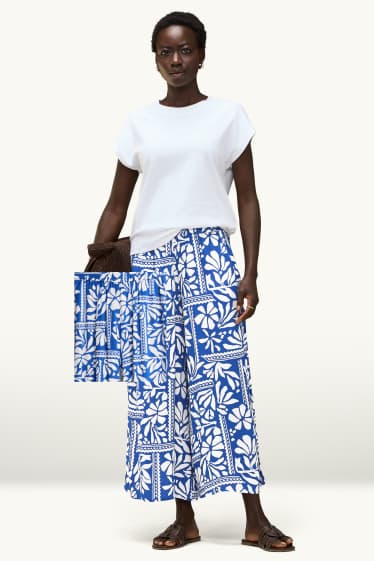 Donna - Pantaloni di stoffa - vita media - palazzo - fantasia - blu / bianco