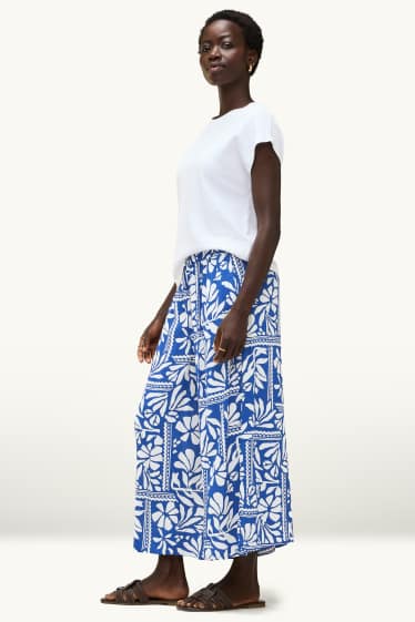 Donna - Pantaloni di stoffa - vita media - palazzo - fantasia - blu / bianco