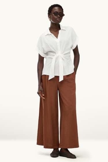 Dámské - Plátěné kalhoty - high waist - wide leg - hnědá