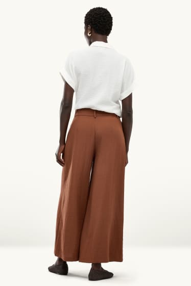Dámské - Plátěné kalhoty - high waist - wide leg - hnědá