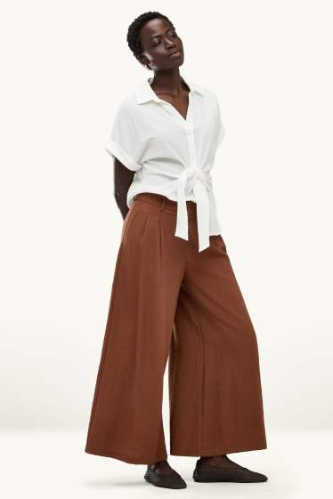 Dámské - Plátěné kalhoty - high waist - wide leg - hnědá
