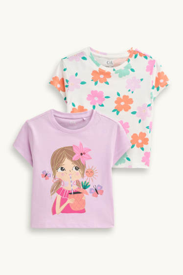 Niñas - Pack de 2 - niña y flores - camisetas de manga corta - lila