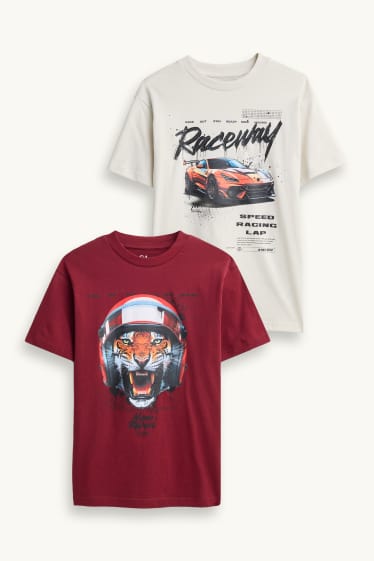 Kinder Jungen - Multipack 2er - Rennauto und Tiger - Kurzarmshirt - cremeweiss