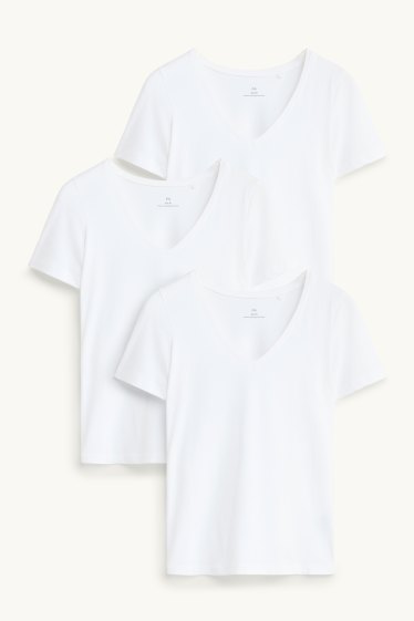 Dámské - Multipack 3 ks - tričko s výstřihem ve tvaru V - slim fit - bílá