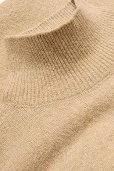 Women - Knitted dress with band collar - straight fit - sand-coloured