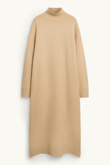 Women - Knitted dress with band collar - straight fit - sand-coloured