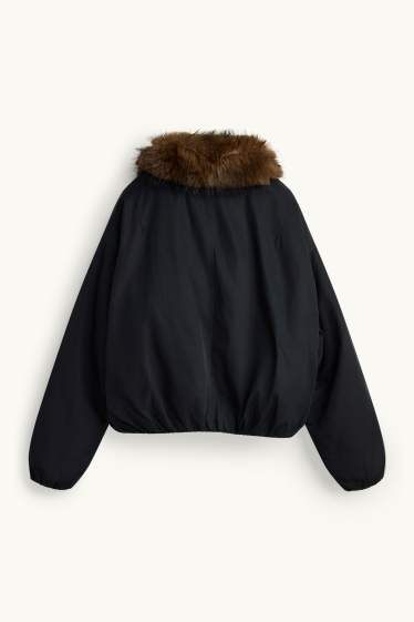 Damen - Jacke mit Kunstfellbesatz - gefüttert - schwarz