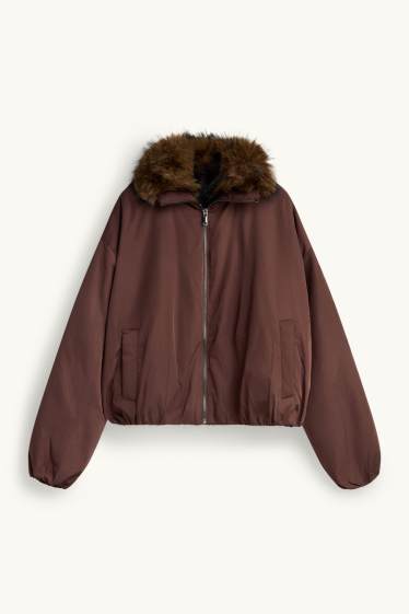 Damen - Jacke mit Kunstfellbesatz - gefüttert - braun