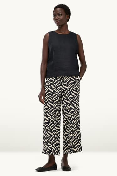 Dámské - Plátěné kalhoty - mid waist - straight fit - se vzorem - bílá/černá
