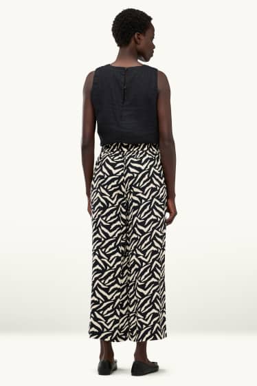 Dámské - Plátěné kalhoty - mid waist - straight fit - se vzorem - bílá/černá