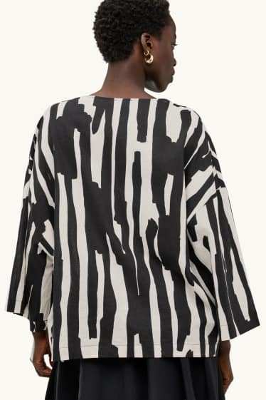 Dames - Blouse - linnenmix - met patroon - zwart / beige