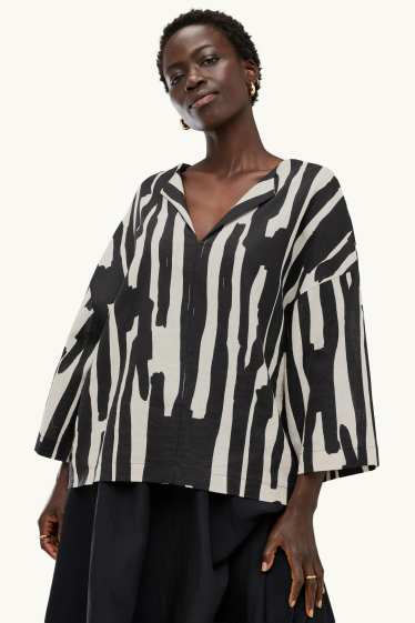 Dames - Blouse - linnenmix - met patroon - zwart / beige
