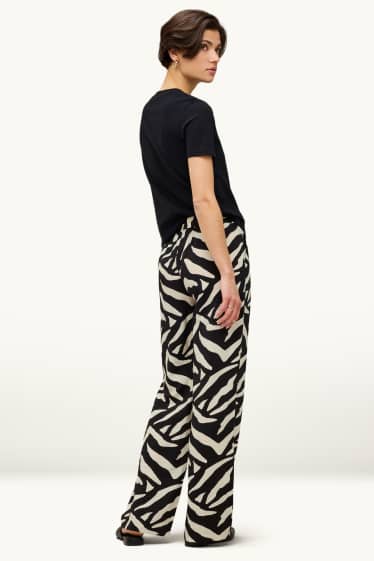 Damen - Stoffhose - High Waist - Wide Leg - gemustert - schwarz / weiss