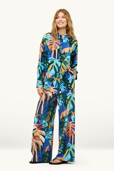 Femmes - Pantalon en toile - high waist - wide leg - à motif - bleu