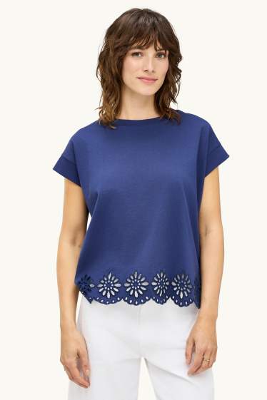 Damen - T-Shirt - Regular Fit - Broderie Anglaise - dunkelblau