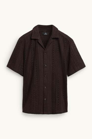 Heren - Gebreid overhemd - relaxed fit - reverskraag - gestreept - donkerbruin