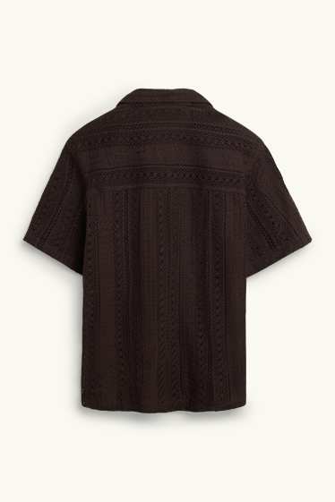 Heren - Gebreid overhemd - relaxed fit - reverskraag - gestreept - donkerbruin