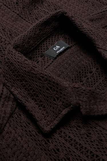 Heren - Gebreid overhemd - relaxed fit - reverskraag - gestreept - donkerbruin