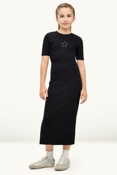 Kinder Mädchen - Stern - Kleid mit Strasssteinen - gerippt - schwarz