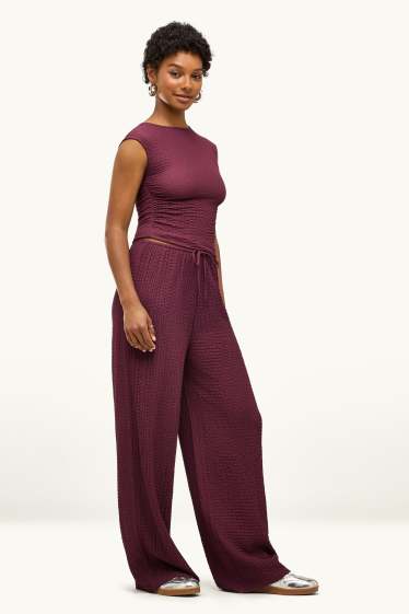 Damen - Stoffhose - Mid Waist - Loose Fit - strukturiert - dunkelrot