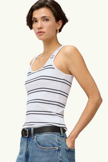 Damen - Top - gerippt - gestreift - weiss / blau