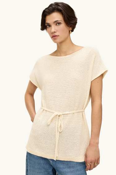 Femmes - Pull en maille - manches courtes - crème