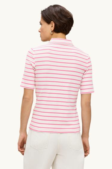 Damen - Poloshirt - Regular Fit - gerippt - gestreift - weiß / pink