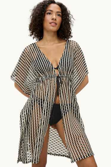 Damen - Kaftan - gestreift - weiß / schwarz