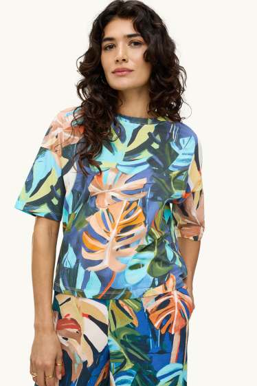 Femmes - T-shirt - relaxed fit - à motif - orange / bleu