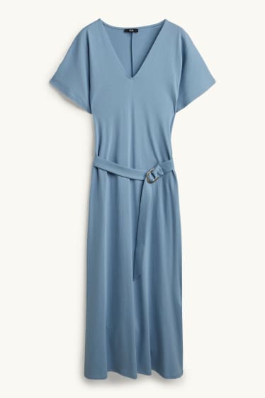 Dames - Fit & flare-jurk met V-hals en ceintuur - lichtblauw