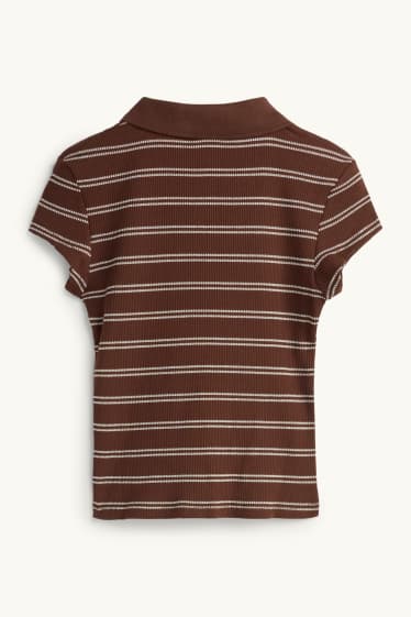 Damen - Strick-Poloshirt - Slim Fit - gerippt - gestreift - braun