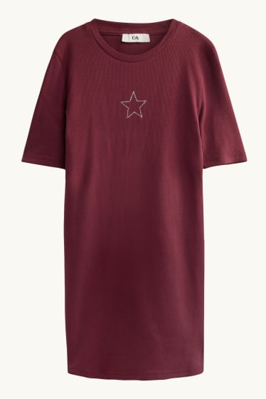 Kinder Mädchen - Stern - Kleid mit Strasssteinen - gerippt - dunkelrot