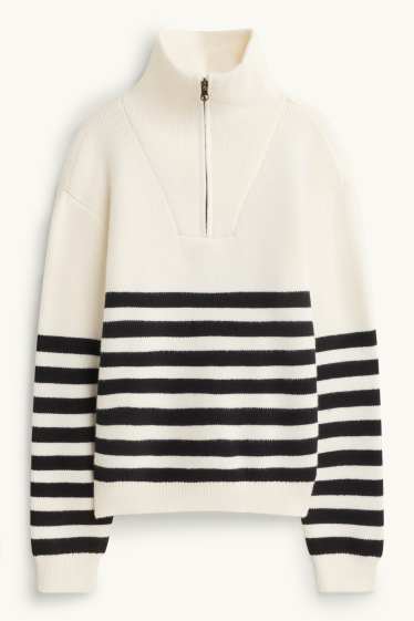 Kinder Mädchen - Pullover - gerippt - gestreift - weiß / schwarz