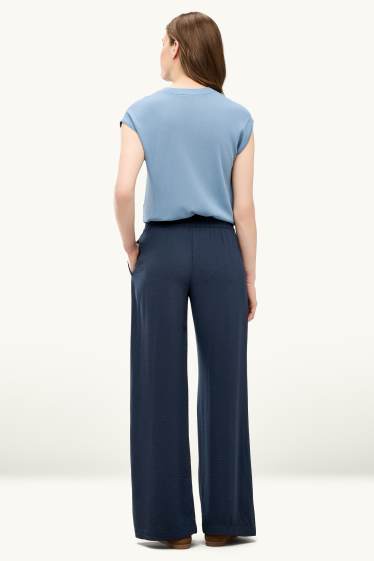 Dámské - Plátěné kalhoty - mid waist - palazzo - tmavomodrá