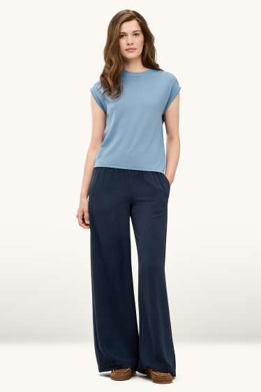Dámské - Plátěné kalhoty - mid waist - palazzo - tmavomodrá