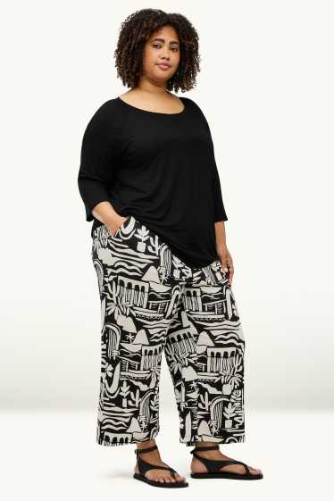 Damen - Stoffhose - Mid Waist - Wide Leg - gemustert - weiß / schwarz